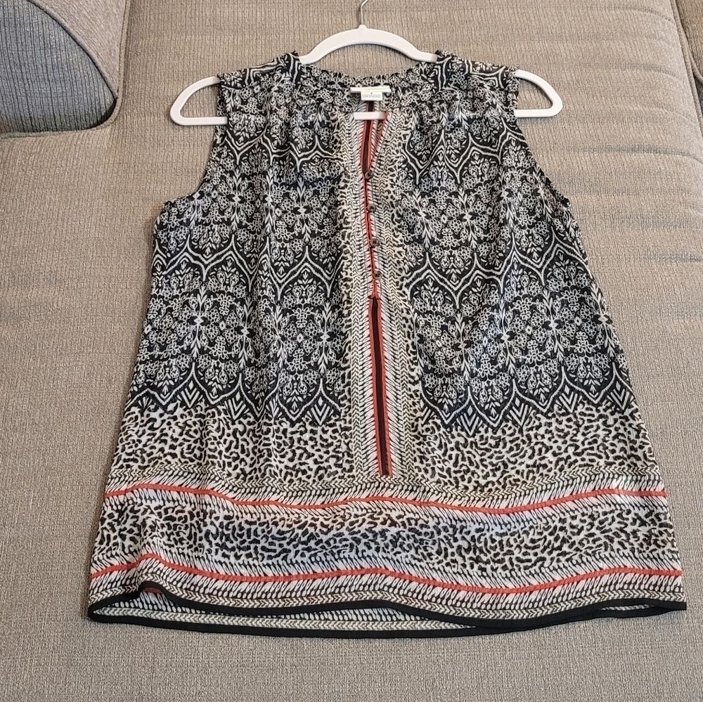 Liz Claiborne Red Black Patterned Sheer Casual Top Blouse Size Small